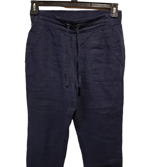Athleta Women's Sz 0 Navy Blue Ankle Linen Pants Pockets Elastic Drawstring - Picture 9 of 11